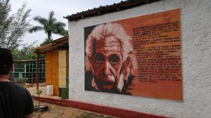 A large painted portrait of Albert Einstein's face on the side of a barn
